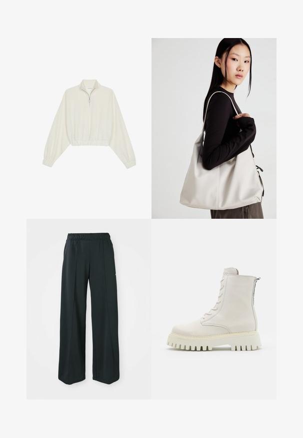 Pulover scurt din stofă crem, cu guler înalt, închidere cu fermoar pe jumătate, elastic la margini și la manșete, cu o textură netedă și un design minimalist.; Pantaloni sportivi negri, cu croială largă și talie elastică. Realizați dintr-un material neted și elastic, cu cusături frontale subtile și fără buzunare.; Bocanci negri din piele cu vârf rotund, șireturi în față și fermoar pe lateral. Talpă groasă din cauciuc, cu un model striat și margine de culoare deschisă contrastantă.; Geantă bej din material moale, cu un design lejer, detalii cusute și două bretele pentru umăr. Potrivită pentru utilizarea zilnică.