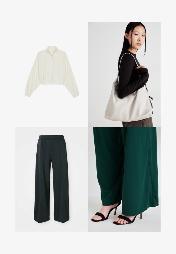 Kreemfarbenest lühikese varrukaga kudum, millel on kõrge kaelus, pool tõmblukk, elastne allosa ja varrukad, sile tekstuur ja minimaalne disain.; Mustad, laiad spordipüksid elastse vööniidega. Valmistatud siledast, venivast kangast, millel on kerge esiseam ja ei ole taskuid.; Rohelised laiad püksid siledast kangast, kombineeritud mustade rihmadega kõrgete kontsadega sandaalidega, näidates paljastatud varbaid ja stiliseeritud disaini.; Bež käekott pehme materjali, millel on lõtv disain, õmblustega detailid ja kaks õlarihma. Sobib igapäevaseks kasutamiseks.