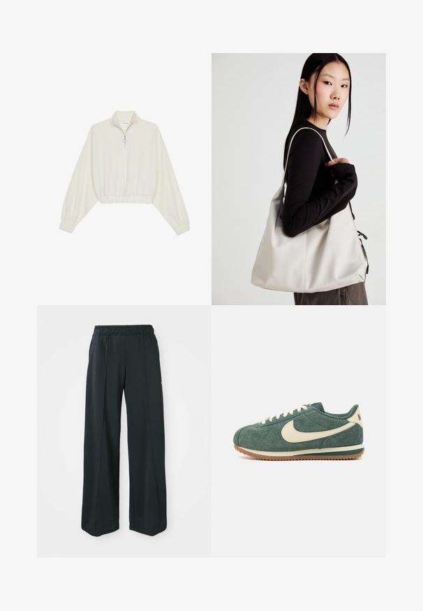 Kreminės spalvos trumpas megztinis, turintis aukštą apykaklę, pusiau užtrauktuką, elastinį apačią irRankovių kraštus, su lygiu paviršiumi ir minimalizuotu dizainu.; Juodos, plačios sportinės kelnės su elastingu juosmeniu. Pagamintos iš lygaus, tampraus audinio, su subtiliomis priekinėmis siūlėmis ir be kišenių.; Žali nubuko sportbačiai su kreminiu ženkliuku, smėlio spalvos raišteliais ir guminiais padais. Yra tekstūruotas paviršius ir paminkštinta apykaklė patogumui.; Bežinė rankinė, pagaminta iš minkštos medžiagos, turinti laisvą dizainą, siuvinėtas detalės ir dvi petnešos. Tinkama kasdieniam naudojimui.