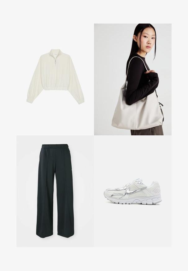 Cropped pullover in cream fabric, featuring a high collar, half-zip closure, elasticated hem and cuffs, with a smooth texture and minimal design.; Black, wide-leg athletic pants with an elastic waistband. Made from smooth, stretchy fabric, featuring subtle front seams and no pockets.; White athletic shoes with silver accents, mesh upper, textured sides, cushioned sole, and a distinctive pattern on the back.; Beige handbag made of soft material, featuring a slouchy design, stitched detailing, and two shoulder straps. Suitable for everyday use.