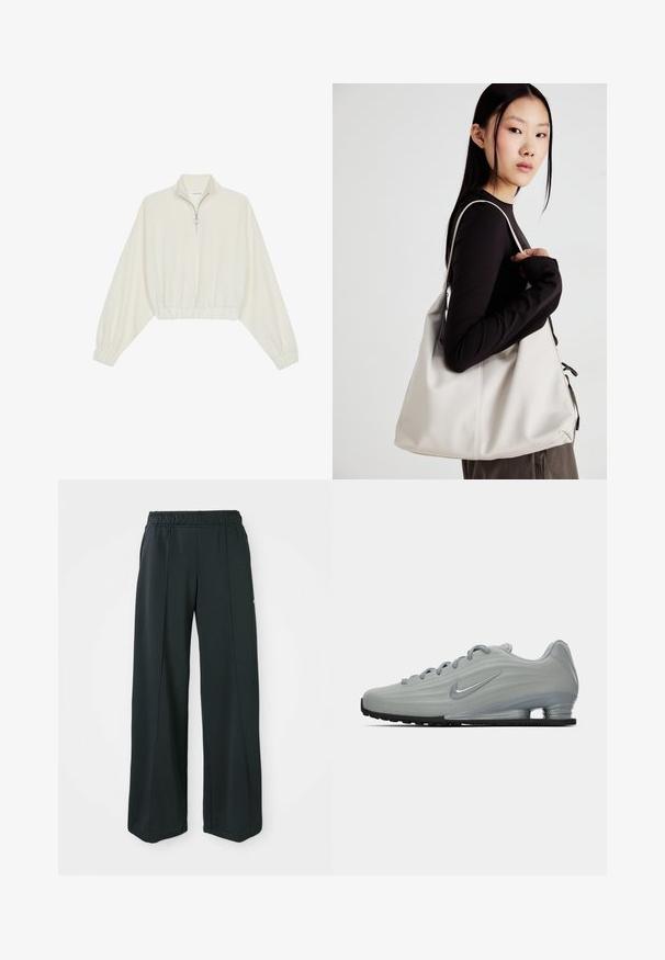 Cropped pullover in cream fabric, featuring a high collar, half-zip closure, elasticated hem and cuffs, with a smooth texture and minimal design.; Black, wide-leg athletic pants with an elastic waistband. Made from smooth, stretchy fabric, featuring subtle front seams and no pockets.; Side view of a light gray Nike sneaker with laces, a swoosh logo, and a transparent cushioning sole on a plain background.; Beige handbag made of soft material, featuring a slouchy design, stitched detailing, and two shoulder straps. Suitable for everyday use.