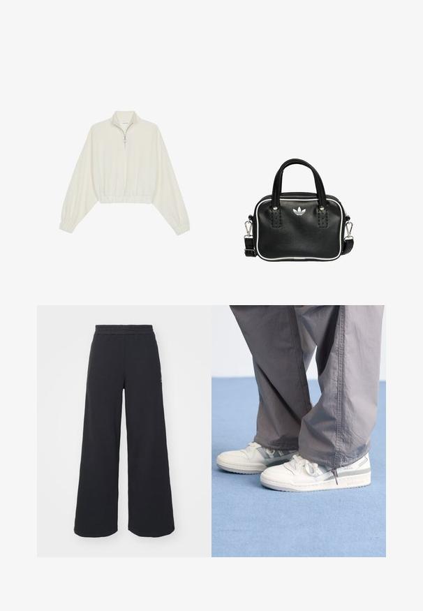 Skraćeni pulover od kremastog materijala, s visokim ovratnikom, zatvaranjem na polovicu munje, elastičnim rubom i manžetama, s glatkom teksturom i minimalnim dizajnom.; Crne široke sweatpants hlače napravljene od mekog materijala, s elastičnim strukom i malim logotipom s lijeve strane.; Bijele tenisice s svijetlosivim detaljima i teksturiranom kožom, u paru s širokim sivim hlačama, prikazane na plavoj površini.; Crna kožna torba s dva kratka ručka, srebrnim detaljima, bijelim naglascima i bijelim logotipom. Ima teksturiranu površinu i kompaktni dizajn.