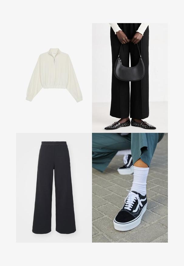 Cropped pullover in cream fabric, featuring a high collar, half-zip closure, elasticated hem and cuffs, with a smooth texture and minimal design.; Black wide-leg sweatpants made from soft fabric, featuring an elastic waistband and a small logo on the left side.; Black suede sneaker with white accents and laces, featuring a thick white sole and contrasting stitching, paired with a white sock.; Black leather shoulder bag with a rounded shape, glossy finish, and silver hardware. Person wearing black wide-leg pants and studded loafers.