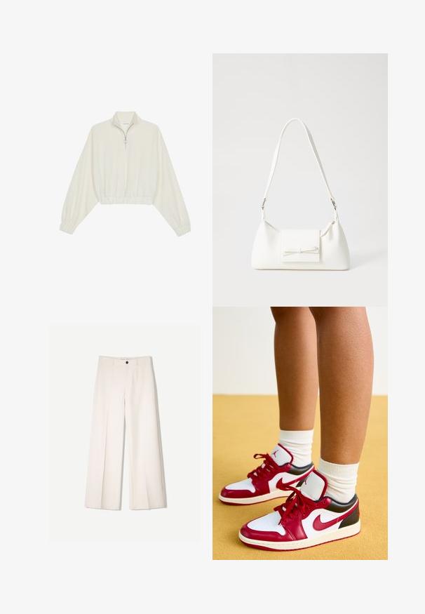 Krém színű, rövidített pulóver, magas gallérral, félig cipzáros záródással, elasztikus derék- és ujjakrésszel, sima textúrával és minimalista dizájnnal.; Tejbézs széles lábú nadrág, szabott kialakítással, két elülső zsebbel és egyetlen elülső gombos záródással, sima anyagból készült.; Jordan AIR JORDAN 1 LOW - Sportcipő - white/gym red/black/sail; Fehér szintetikus kézitáska, háromszög alakú, lapos előlap, masni részlettel, állítható pánttal, sima textúrával és minimalista dizájnnal.