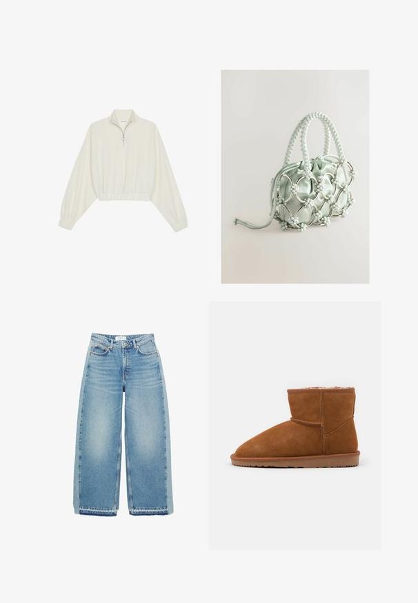 Krém színű, rövidített pulóver, magas gallérral, félig cipzáros záródással, elasztikus derék- és ujjakrésszel, sima textúrával és minimalista dizájnnal.; Világoskék, bőszárú farmernadrág, magas derekú, gombos záródással, elülső zsebekkel és nyers szegéllyel.; Barna velúr bokacsizma lekerekített orral és puha béléssel, lapos gumitalppal és minimális varrási részletekkel.; Next Kézitáska - blue