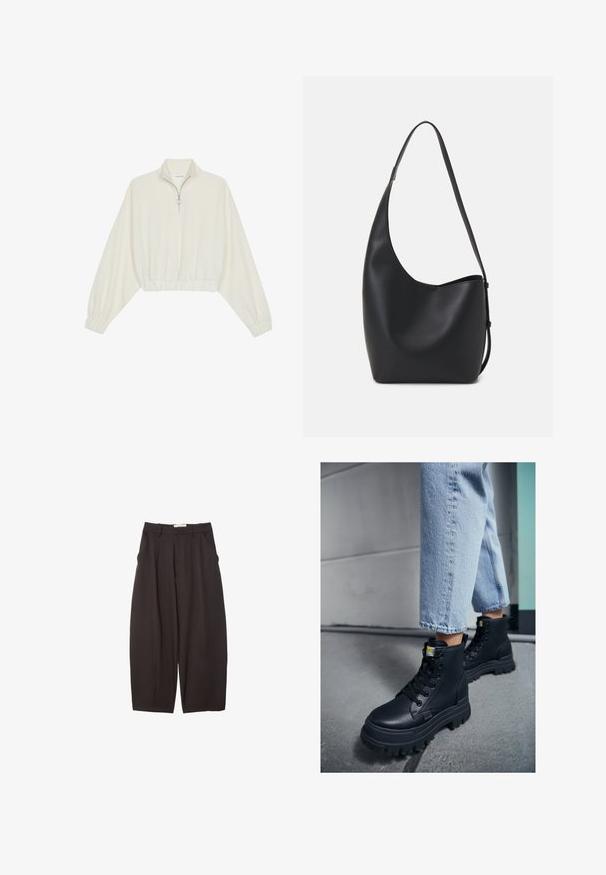Pullover accorciato in tessuto crema, con colletto alto, chiusura a zip parziale, orlo e polsini elasticizzati, dalla texture liscia e design minimal.; Pantaloni neri a gamba larga realizzati in un tessuto morbido, con vita alta, pieghe frontali e tasche laterali. Design semplice senza decorazioni.; Stivali neri alti con finitura in pelle texturizzata, suola in gomma spessa e lacci neri, abbinati a jeans in denim blu chiaro con risvolto.; Borsa hobo nera in pelle con una superficie liscia, forma curvata e una singola tracolla regolabile; presenta un'ampia apertura nella parte superiore.