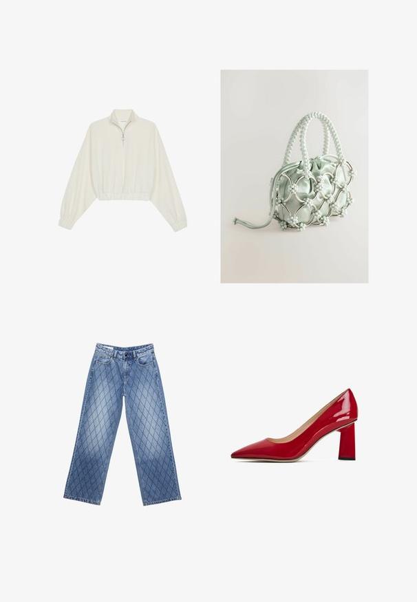 Kort striktrøje i cremefarvet stof med høj krave, halvlynlås, elastisk kant og manchetter, glat tekstur og minimalistisk design.; Bredde denimjeans i lyseblå med et quilted diamantmønster, der har fem lommer og en knaplukning i livet.; Rød blank laklæder højhælet sko med spids tå og en tykkere firkantet hæl. Glat tekstur og minimalistisk design.; Next Håndtasker - blue