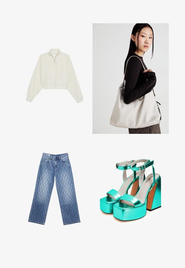 Lyhyt kerrosvaate vaaleasta kankaasta, jossa on korkea kaulus, puolivetoketjukiinnitys, joustavat helma ja hihansuut, tasainen pinta ja minimalistinen muotoilu.; Vaaleansiniset, leveälahkeiset farkut, joissa on tilkkutäkkikuvio, viisi taskua ja nappi vyötäröllä.; Turkoosi metallin värinen platform-sandaali, jossa on tukeva korko. Siinä on leveä etuvarvasremmi ja nilkkaremmi, jossa on koristeellinen solki. Sileä pintakuvio.; Beige laukku, joka on valmistettu pehmeästä materiaalista, ja siinä on rento muotoilu, ommeltu yksityiskohtia ja kaksi olkahihnaa. Sopii päivittäiseen käyttöön.