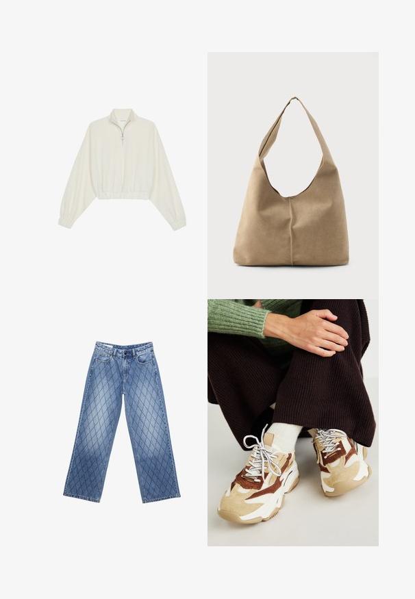 Zkrátený pulover z krémového materiálu, s vysokým golierom, polovičným zipsom, elastickým lemom a manžetami, s hladkou textúrou a minimalistickým dizajnom.; Džínsy s širokými nohavicami v svetlomodrej farbe s prešívaným diamantovým vzorom, obsahujúce päť vreciek a zapínanie na gombík v páse.; Steve Madden POSSESSIONE - Tenisky - brown/sand; Hobo taška z mäkkej béžovej semišovej kože so splývavým tvarom, širokým ramenným popruhom a ručne šitým detailom švu na prednej strane.