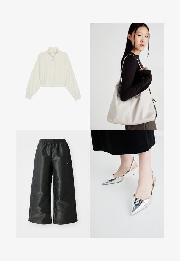 Skórzany pulower w kolorze kremowym, z wysokim kołnierzem, półzamkiem, elastycznym wykończeniem u dołu i mankietami, o gładkiej teksturze i minimalistycznym designie.; Czarne spodnie sportowe z błyszczącego, gładkiego materiału, z elastycznym paskiem w talii, szerokimi nogawkami i małym logo po lewej stronie.; Srebrne, wąskokopytne buty slingback o błyszczącej powierzchni i cienkim obcasie. Minimalistyczny design z gładką teksturą i otwartym tyłem.; Beżowa torebka wykonana z miękkiego materiału, charakteryzująca się luźnym fasonem, wyszywanymi detalami i dwoma uchwytami na ramię. Idealna na co dzień.