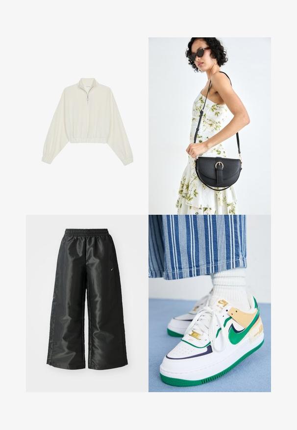 Krém színű, rövidített pulóver, magas gallérral, félig cipzáros záródással, elasztikus derék- és ujjakrésszel, sima textúrával és minimalista dizájnnal.; Fekete sportnadrág fényes, sima anyagból, rugalmas derékkal, széles lábakkal és egy kis logóval a bal oldalon.; Nike Sportswear AIR FORCE 1 SHADOW - Sportcipő - white/midnight navy/malachite/sesame/phantom/metallic gold; Fekete bőrtáska ívelt formával, levehető pánttal és arany színű fémrészekkel. A táskán egy csattal díszített fedél található.