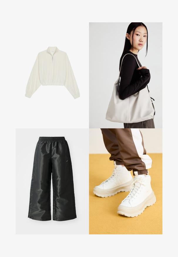 Kreemfarbenest lühikese varrukaga kudum, millel on kõrge kaelus, pool tõmblukk, elastne allosa ja varrukad, sile tekstuur ja minimaalne disain.; Mustad mustad sportsipüksid läikiva, siledaga kangaga, pa elastse vöökoha, laia sääre ja väikese logoga vasakul küljel.; Valged kõrged tossud koos raske, tekstureeritud tallaga, sujuva ülaosa, ümmarguse varbaga ja tonaalsete nööpidega, kollase tausta ees.; Bež käekott pehme materjali, millel on lõtv disain, õmblustega detailid ja kaks õlarihma. Sobib igapäevaseks kasutamiseks.