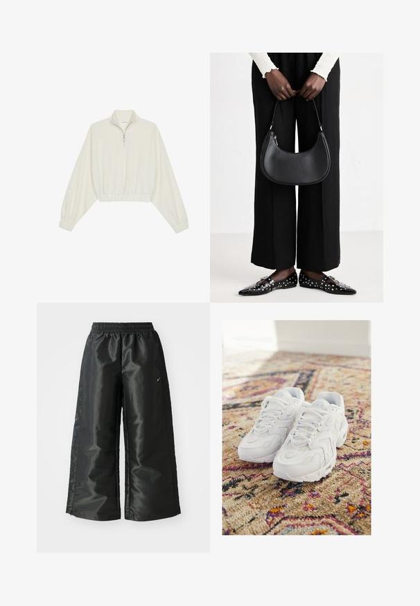 Pullover curto em tecido creme, apresentando um colarinho alto, fecho de meio zíper, bainha e punhos elásticos, com uma textura suave e design minimalista.; Calças atléticas pretas com um tecido brilhante e suave, apresentando uma cintura elástica, pernas largas e um pequeno logotipo do lado esquerdo.; Nike Sportswear AIR MAX 96 - Sapatilhas - white/pure platinum/metallic silver; Bolsa de ombro de couro preta com forma arredondada, acabamento brilhante e ferragens prateadas. Pessoa vestindo calças largas pretas e mocassins com tachas.