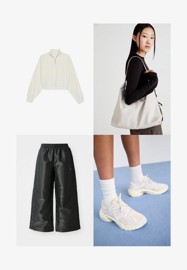 Cropped pullover in cream fabric, featuring a high collar, half-zip closure, elasticated hem and cuffs, with a smooth texture and minimal design.; Black athletic pants with a shiny, smooth fabric, featuring an elastic waistband, wide legs, and a small logo on the left side.; Sleek athletic shoes in pale yellow and white, featuring mesh and synthetic materials, a rounded shape, and textured soles.; Beige handbag made of soft material, featuring a slouchy design, stitched detailing, and two shoulder straps. Suitable for everyday use.