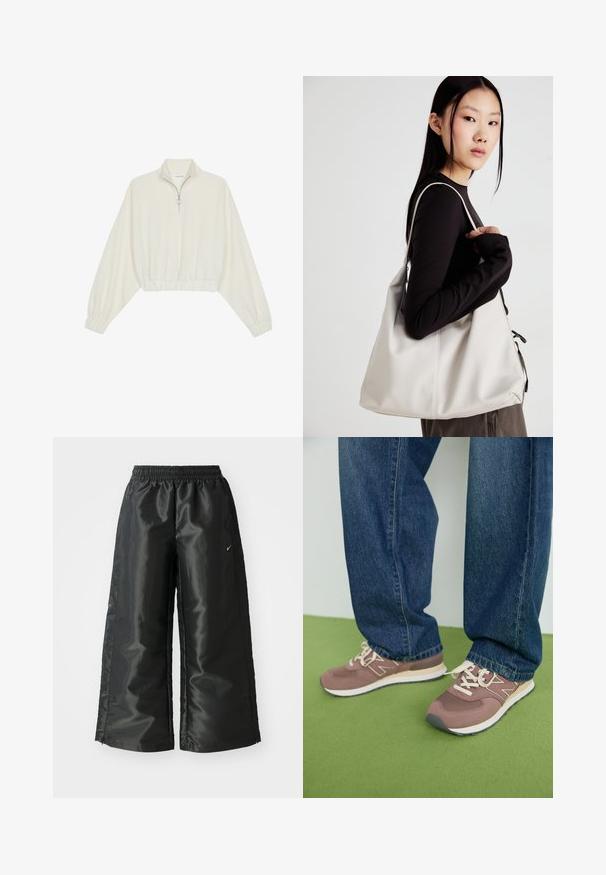 Kreemfarbenest lühikese varrukaga kudum, millel on kõrge kaelus, pool tõmblukk, elastne allosa ja varrukad, sile tekstuur ja minimaalne disain.; Mustad mustad sportsipüksid läikiva, siledaga kangaga, pa elastse vöökoha, laia sääre ja väikese logoga vasakul küljel.; Pruunid ja lupiinivärvi spordijalatsid valgete paelte ja beeži tallaga. Kandmine siniste denimpükste kõrval, rohelisel pinnal.; Bež käekott pehme materjali, millel on lõtv disain, õmblustega detailid ja kaks õlarihma. Sobib igapäevaseks kasutamiseks.