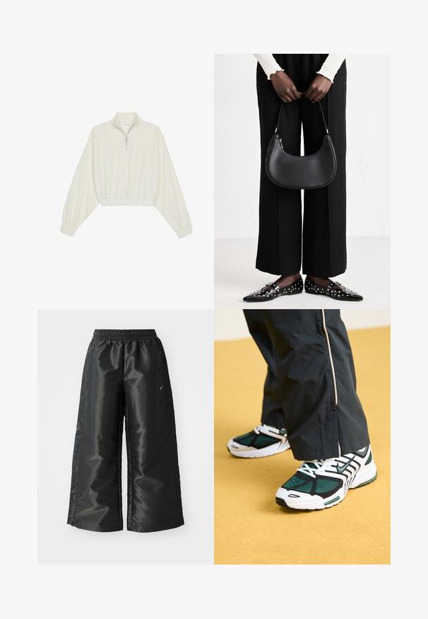 Pullover curto em tecido creme, apresentando um colarinho alto, fecho de meio zíper, bainha e punhos elásticos, com uma textura suave e design minimalista.; Calças atléticas pretas com um tecido brilhante e suave, apresentando uma cintura elástica, pernas largas e um pequeno logotipo do lado esquerdo.; Ténis de corrida com parte superior em malha, apresentando cores verde e preta, detalhes em branco, sola preta e múltiplos buracos para atacadores para um ajuste seguro.; Bolsa de ombro de couro preta com forma arredondada, acabamento brilhante e ferragens prateadas. Pessoa vestindo calças largas pretas e mocassins com tachas.
