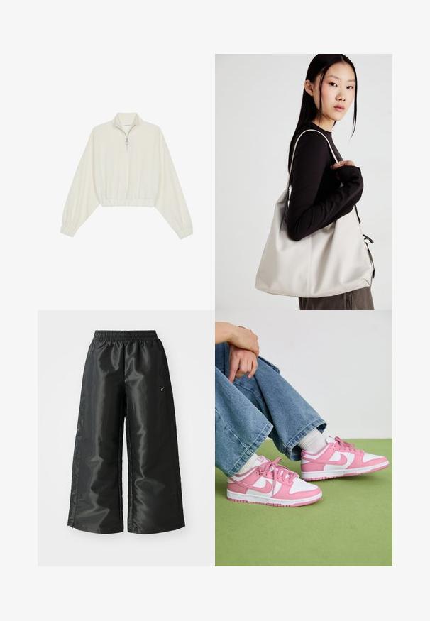 Kreptais pusītes džemperis krēmkrāsā, ar augstu apkakli, puszipa aizdari, elastīgu apakšmalu un aprocēm, ar gludu tekstūru un minimālistisku dizainu.; Melnas sporta bikses ar spīdīgu, gludu audumu, aprīkotas ar elastīgu jostu, platām kājām un mazu logotipu kreisajā pusē.; Rozā un baltas Nike kedas ar ādas un tīkla materiāliem, izceļoties ar kontrastējošiem dizainiem, apaļu purngaliem un saskaņotiem rozā šņorēm un akcentiem.; Bežs rokassoma, izgatavota no mīksta materiāla, ar brīvu dizainu, izšūtu apdari un divām plecu siksnām. Piemērota ikdienas lietošanai.