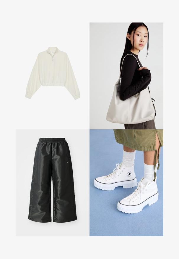 Sudadera cropped en tejido crema, con cuello alto, cierre de media cremallera, dobladillo y puños elásticos, con una textura suave y un diseño minimalista.; Pantalones deportivos negros de tejido brillante y suave, con una cinturilla elástica, pierna ancha y un pequeño logo en el lado izquierdo.; Zapatillas altas blancas con parte superior de lona texturizada, puntera de goma y suela plataforma blanca gruesa. Presentan detalles y ojales en negro.; Bolso de mano beige hecho de material suave, con un diseño holgado, detalles cosidos y dos asas. Adecuado para uso diario.