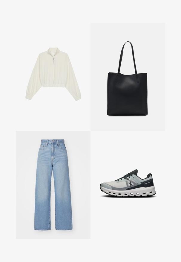 Pullover accorciato in tessuto crema, con colletto alto, chiusura a zip parziale, orlo e polsini elasticizzati, dalla texture liscia e design minimal.; Jeans a vita alta blu chiaro con gamba larga, chiusura frontale con bottone e zip, tasche anteriori e posteriori, su uno sfondo bianco.; Scarpa da corsa con una tomaia in mesh grigio chiaro, accenti blu scuro e una suola intermedia spessa bianca con ritagli. I lacci sono di un grigio scuro.; Borsa tote in pelle nera con texture liscia, forma rettangolare e due manici lunghi. Nessun hardware o decorazione visibile.