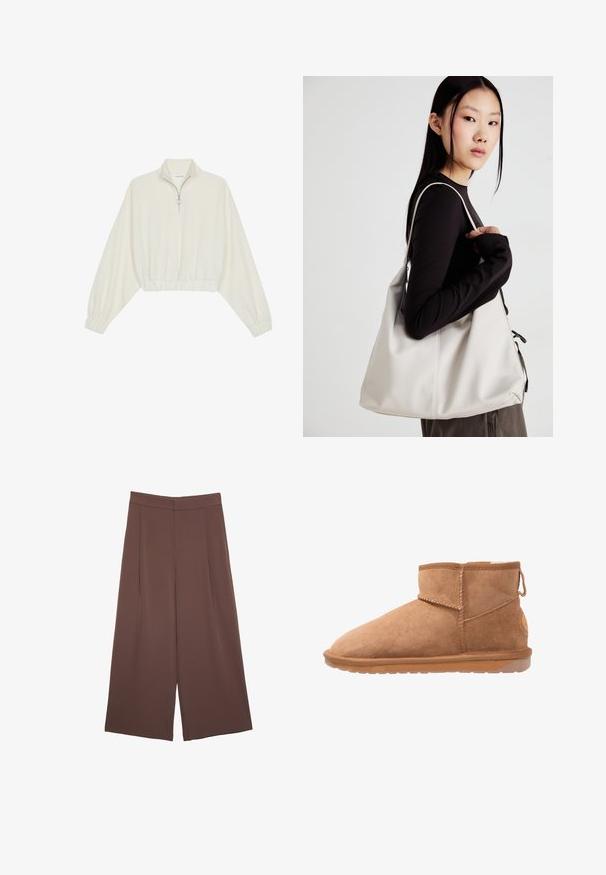 Geknipt pullover in crèmekleurige stof, met een hoge kraag, halve rits, elastische zoom en manchetten, met een soepele textuur en minimalistisch ontwerp.; Bruine wijde broek met een gladde textuur, voorzien van een hoge taille en plooien aan de voorkant. De stof is lichtgewicht en valt losjes.; Tan suède enkellaarzen met een ronde neus, gestikte naden en een rubberen zool. Voorzien van een trekband aan de achterkant voor gemakkelijk aan- en uittrekken.; Beige handtas gemaakt van zacht materiaal, met een slonzig ontwerp, gestikte details en twee schouderbanden. Geschikt voor dagelijks gebruik.