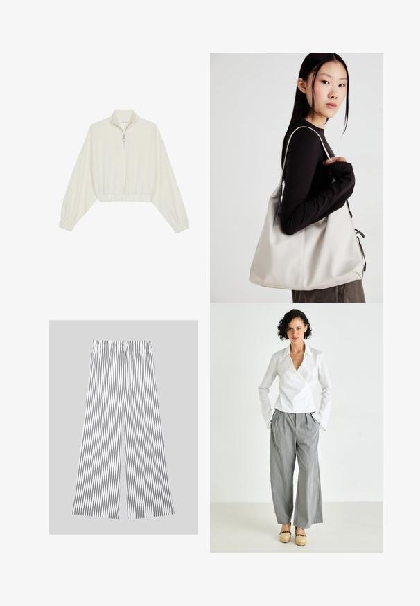 Krém színű, rövidített pulóver, magas gallérral, félig cipzáros záródással, elasztikus derék- és ujjakrésszel, sima textúrával és minimalista dizájnnal.; Széles szárú nadrág könnyű anyagból, függőleges fekete és fehér csíkokkal, rugalmas derékkal a kényelem érdekében.; Fehér, galléros blúz, szürke csíkos, bő szárú nadrággal kombinálva, valamint bézs platform cipőkkel. Simaság és laza fit jellemzi.; Puha anyagból készült bézs kézitáska, laza dizájnnal, varrott részletekkel és két vállpánttal. Mindennapi használatra alkalmas.