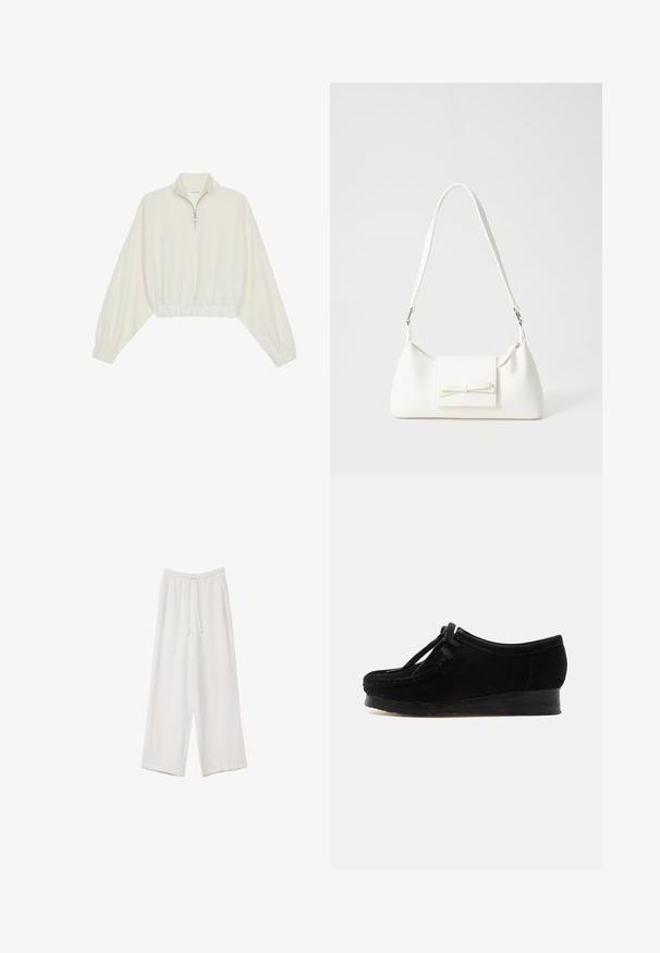 Gerippter Pullover aus cremefarbener Baumwolle mit hohem Kragen, halbem Reißverschluss, elastischen Säumen und Bündchen, glatter Textur und minimalistischem Design.; Weiße weit geschnittene Hose aus leichtem Stoff. Mit einem elastischen Bund und Kordelzug sowie Seitentaschen. Glatte Textur.; Schwarzer Wildlederschuh mit abgerundeter Zehenpartie, Ziernaht und Schnürdetails. Verfügt über eine niedrige Keilsohle aus Gummi für zusätzlichen Komfort.; Weiße synthetische Handtasche in dreieckiger Form, flache Vorderklappe und Schleifendetail, verstellbarer Trageriemen, glatte Textur und minimalistisches Design.