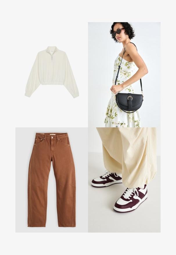 Pullover court en tissu crème, avec un col haut, fermeture éclair à mi-hauteur, ourlet et poignets élastiqués, offrant une texture lisse et un design minimaliste.; Jean droite couleur rouille avec poches avant et arrière, rivets en métal, fermeture à bouton et passants de ceinture, posés à plat sur un fond blanc.; ONLY SHOES ONLSWIFT - Baskets basses - white/dark red; Sac à main en cuir noir avec une forme courbée, bandoulière amovible et des accessoires en or. Le sac est doté d'un rabat avec un détail de boucle.