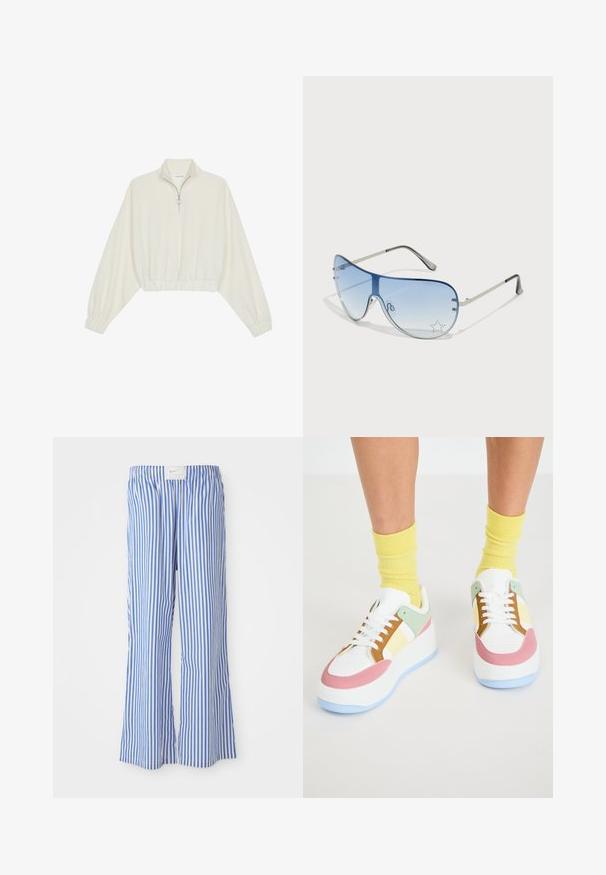 Pullover court en tissu crème, avec un col haut, fermeture éclair à mi-hauteur, ourlet et poignets élastiqués, offrant une texture lisse et un design minimaliste.; Pantalons rayés bleus et blancs avec une coupe décontractée, fabriqués en tissu léger, dotés d'une taille élastique et d'une discrète étiquette de logo.; Baskets blanches avec des accents pastel en menthe, rose et jaune. Présentent une semelle épaisse, un nez perforé et des lacets contrastés.; Lunettes de soleil aviateur avec des verres dégradés bleus, une monture en métal argenté et des accents décoratifs en forme d'étoile sur les verres. Design lisse et élégant.