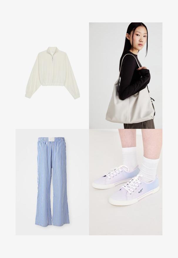 Kreemfarbenest lühikese varrukaga kudum, millel on kõrge kaelus, pool tõmblukk, elastne allosa ja varrukad, sile tekstuur ja minimaalne disain.; Sinise ja valge triibuline vabalt lõigatud püksid, valmistatud kergest kangast, millel on elastne vöökoht ja peen logo silt.; Heledad lilla ja sinised kanvas tossud valgete nööride ja kummitaldadega, külgedel logo ja kontrastsete värvipaneelidega.; Bež käekott pehme materjali, millel on lõtv disain, õmblustega detailid ja kaks õlarihma. Sobib igapäevaseks kasutamiseks.