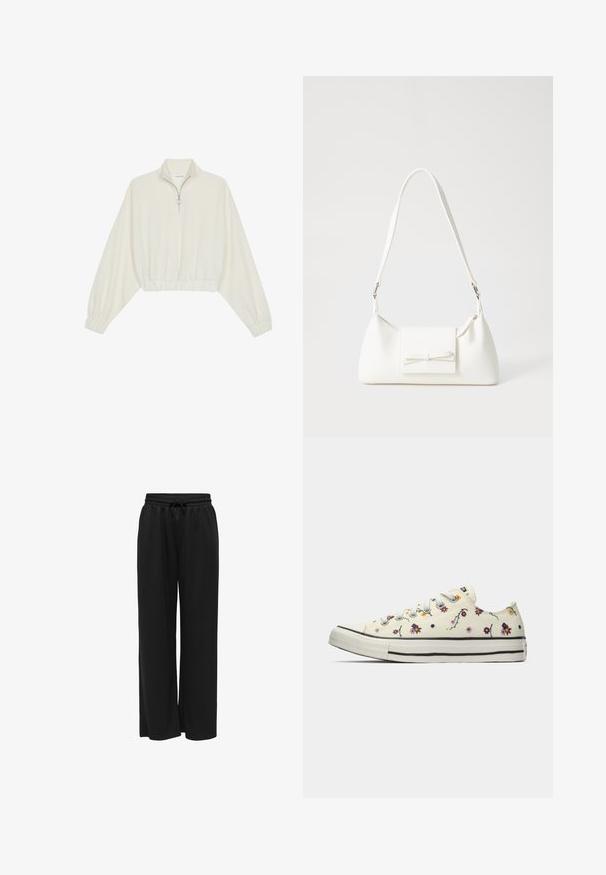 Kreptais pusītes džemperis krēmkrāsā, ar augstu apkakli, puszipa aizdari, elastīgu apakšmalu un aprocēm, ar gludu tekstūru un minimālistisku dizainu.; Melnas platas kājas bikses, kas izgatavotas no mīkstas auduma, ar elastīgu jostasvietu un auklu, lai pielāgotu izmēru. Nav rakstu vai akcentu.; Biezie zemu topu sneakers ar krāsainiem maziem ziedu rakstiem un baltām auklām, skatīts no iekšpuses uz vienkārša fona.; Balta sintētiska soma ar trīsstūrveida formu, plakanu priekšējo vāciņu un loku detaļu, regulējamu siksnu, gludu tekstūru un minimālistisku dizainu.