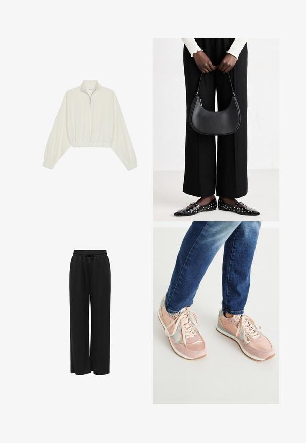 Sudadera cropped en tejido crema, con cuello alto, cierre de media cremallera, dobladillo y puños elásticos, con una textura suave y un diseño minimalista.; Pantalones de pierna ancha negros, hechos de una tela suave, que cuentan con una cinturilla elástica con cordón para un ajuste ajustable. Sin patrones ni acentos.; Zapatillas rosas hechas de ante y cuero, con acentos en azul claro, puntera redonda y suelas de goma blanca. Los cordones son de color beige.; Bolso de hombro de cuero negro con forma redondeada, acabado brillante y herrajes plateados. Persona vistiendo pantalones anchos negros y mocasines con tachuelas.