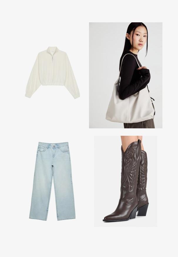 Gerippter Pullover aus cremefarbener Baumwolle mit hohem Kragen, halbem Reißverschluss, elastischen Säumen und Bündchen, glatter Textur und minimalistischem Design.; Helle blaue, weite Jeans aus Denim mit hoher Taille, fünf Taschen und subtilen Ausbleichungen. Gerader Schnitt mit gesäumten Kanten.; Braune Leder-Cowboy-Stiefel mit spitzem Punkt und Blockabsatz, die über detaillierte Stickereien und hervorgehobene Akzente am Schaft verfügen.; Beige Handtasche aus weichem Material, mit einem lässigen Design, gesteppten Details und zwei Schulterriemen. Geeignet für den täglichen Gebrauch.
