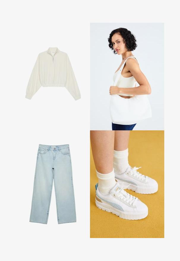 Geknipt pullover in crèmekleurige stof, met een hoge kraag, halve rits, elastische zoom en manchetten, met een soepele textuur en minimalistisch ontwerp.; Lichtblauwe wijde spijkerbroek van denim, met een hoge taille, vijf zakken en subtiele vervaging. Rechte snit met omgezoomde randen.; Puma MAYZE - Sneakers laag - white/turquoise surf; Witte schoudertas van glad materiaal, met een ovale uitsparing en breed riemontwerp. Eenvoudig en modern zonder zichtbare hardware.
