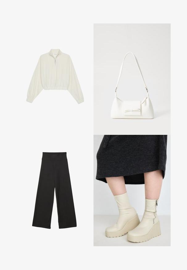 Kratka pulover v kremnem blagu, z visokim ovratnikom, pol-zadrgo, elastičnim robom in manšetami, z gladko teksturo in minimalističnim oblikovanjem.; Črne široke hlače z visokim elastičnim pasom, izdelane iz mehke tkanine in ohlapnega kroja, primerne za sproščeno nošenje ali casual priložnosti.; Kotni škornji z wedge peto v svetlih bež odtenkih, z gladkim usnjene površine, ozkim zadrgo in debelimi rebrastimi podplati, v kombinaciji s temno volneno krilo.; Bela sintetična torbica v obliki trikotnika, z ravnim sprednjim poklopcem in detajlom mašne, nastavljivim trakom, gladko teksturo in minimalističnim dizajnom.