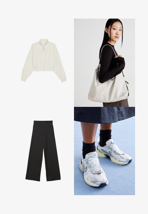 Gerippter Pullover aus cremefarbener Baumwolle mit hohem Kragen, halbem Reißverschluss, elastischen Säumen und Bündchen, glatter Textur und minimalistischem Design.; Schwarze weit geschnittene Hosen mit einem hohen elastischen Bund, weichem Stoff und lockerer Passform, geeignet für legere Anlässe oder entspannte Umgebungen.; Weiße und silberne Nike-Sneaker aus Mesh-Gewebe, mit reflektierenden Akzenten und einer beigen Sohle. Getragen mit schwarzen Socken und stehend auf einer blauen Fläche.; Beige Handtasche aus weichem Material, mit einem lässigen Design, gesteppten Details und zwei Schulterriemen. Geeignet für den täglichen Gebrauch.