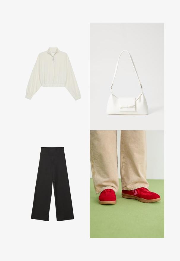 Skraćeni pulover od kremastog materijala, s visokim ovratnikom, zatvaranjem na polovicu munje, elastičnim rubom i manžetama, s glatkom teksturom i minimalnim dizajnom.; Crne široke hlače s visokim elastičnim pojasom, mekanim materijalom i slobodnim krojem, pogodne za ležerno nošenje ili opuštene prostore.; Crvene nubuk tenisice s ravnim gumenim potplatom i ružičastim naglascima, uparene s bež hlačama širokih nogavica na zelenom podu.; Bijela sintetička torbica s trokutastim oblikom, ravnim prednjim poklopcem i detaljem u obliku mašne, podesivom remenom, glatkom teksturom i minimalističkim dizajnom.