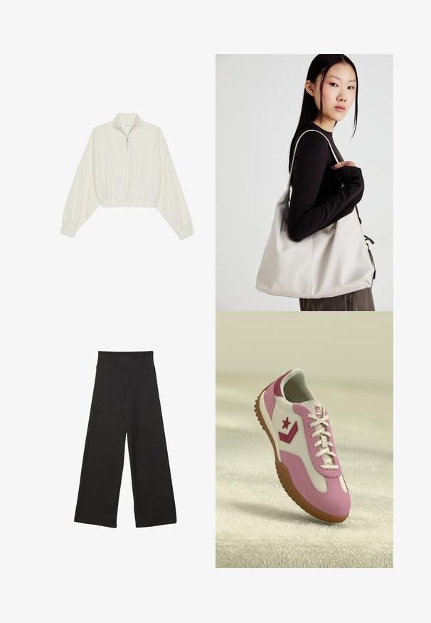 Gerippter Pullover aus cremefarbener Baumwolle mit hohem Kragen, halbem Reißverschluss, elastischen Säumen und Bündchen, glatter Textur und minimalistischem Design.; Schwarze weit geschnittene Hosen mit einem hohen elastischen Bund, weichem Stoff und lockerer Passform, geeignet für legere Anlässe oder entspannte Umgebungen.; Rosa und weiße Sneaker mit gummierter, strukturiertem Sohle. Verfügt über ein Stern-Logo und kontrastierende Akzente. Glattes Obermaterial mit Schnürdetails.; Beige Handtasche aus weichem Material, mit einem lässigen Design, gesteppten Details und zwei Schulterriemen. Geeignet für den täglichen Gebrauch.
