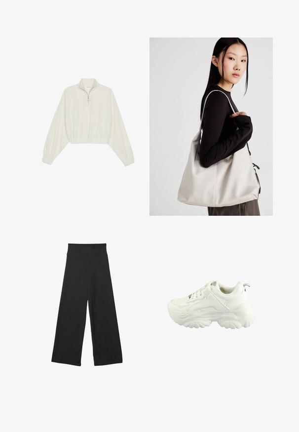 Gerippter Pullover aus cremefarbener Baumwolle mit hohem Kragen, halbem Reißverschluss, elastischen Säumen und Bündchen, glatter Textur und minimalistischem Design.; Schwarze weit geschnittene Hosen mit einem hohen elastischen Bund, weichem Stoff und lockerer Passform, geeignet für legere Anlässe oder entspannte Umgebungen.; Weißer Sneaker mit einem klobigen Design, glattem Synthetik-Obermaterial, gepolstertem Kragen und einer strukturierten Gummisohle mit Diamantmuster.; Beige Handtasche aus weichem Material, mit einem lässigen Design, gesteppten Details und zwei Schulterriemen. Geeignet für den täglichen Gebrauch.