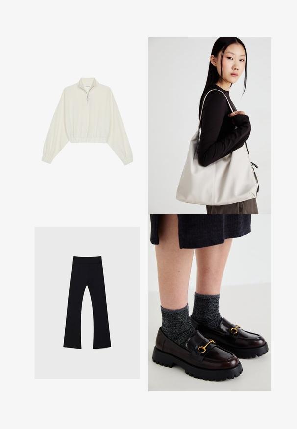 Gerippter Pullover aus cremefarbener Baumwolle mit hohem Kragen, halbem Reißverschluss, elastischen Säumen und Bündchen, glatter Textur und minimalistischem Design.; Schwarze Yogahosen mit hohem Bund, aus dehnbarem Stoff, mit einem ausgestellten Bein-Design und einer durchgehend glatten Textur.; Call it Spring CLUELESSS - Slipper - dark brown; Beige Handtasche aus weichem Material, mit einem lässigen Design, gesteppten Details und zwei Schulterriemen. Geeignet für den täglichen Gebrauch.