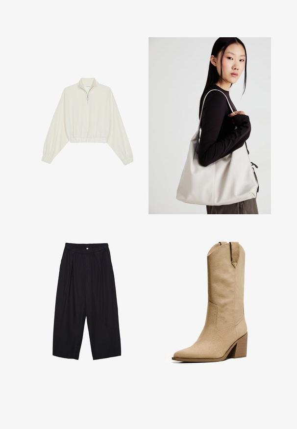 Kratka pulover v kremnem blagu, z visokim ovratnikom, pol-zadrgo, elastičnim robom in manšetami, z gladko teksturo in minimalističnim oblikovanjem.; Črne poliesterske culotte hlače z elastičnim pasom, dvema sprednjima nabiranjema in ohlapnim krojem. Brez vidnih vzorcev ali kovinskih detajlov.; Bershka HIGH-HEEL - Škornji v kavbojskem/motorističnem slogu - beige; Bežna torbica iz mehkega materiala, z ohlapno zasnovo, šivi in dvema naramnicama. Primerna za vsakodnevno uporabo.