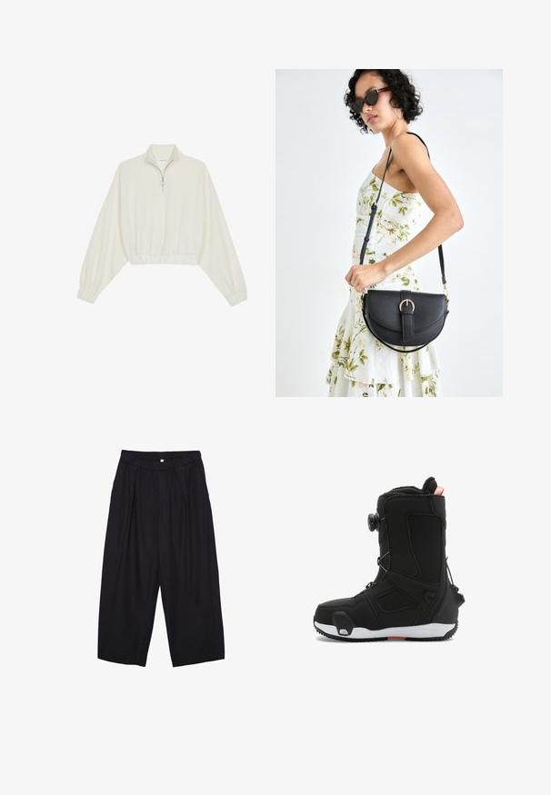 Skórzany pulower w kolorze kremowym, z wysokim kołnierzem, półzamkiem, elastycznym wykończeniem u dołu i mankietami, o gładkiej teksturze i minimalistycznym designie.; Czarne spodnie culotte z poliestru z elastycznym pasem, dwoma fałdami z przodu i luźnym krojem. Brak widocznych wzorów lub elementów metalowych.; DC Shoes - Buty snowboardowe; Czarna skórzana torebka o zakrzywionym kształcie, z odpinanym paskiem i złotymi akcentami. Torebka posiada klapę z zapięciem w kształcie klamry.