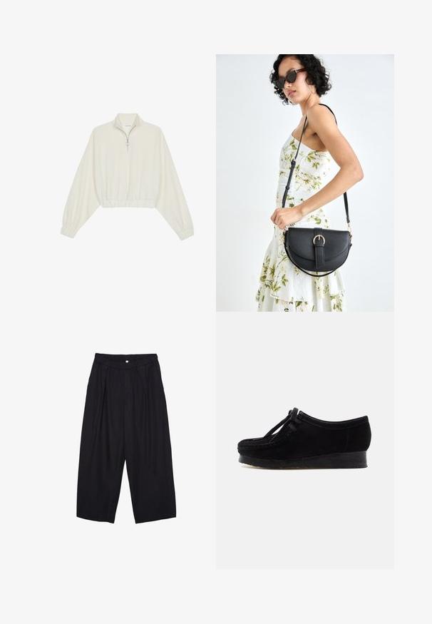 Gerippter Pullover aus cremefarbener Baumwolle mit hohem Kragen, halbem Reißverschluss, elastischen Säumen und Bündchen, glatter Textur und minimalistischem Design.; Schwarze Polyester-Culotte mit einem elastischen Bund, zwei vorderen Falten und einer lockeren Silhouette. Keine sichtbaren Muster oder Hardware-Details.; Schwarzer Wildlederschuh mit abgerundeter Zehenpartie, Ziernaht und Schnürdetails. Verfügt über eine niedrige Keilsohle aus Gummi für zusätzlichen Komfort.; Schwarze Lederhandtasche mit geschwungener Form, abnehmbarem Tragegurt und goldenen Beschlägen. Die Tasche verfügt über einen Deckel mit einer Schnallen-Details.