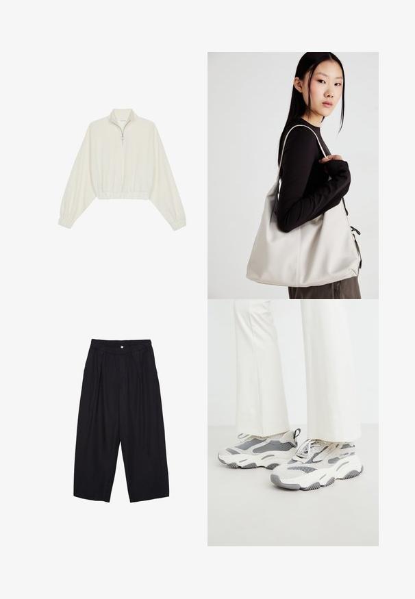 Pullover accorciato in tessuto crema, con colletto alto, chiusura a zip parziale, orlo e polsini elasticizzati, dalla texture liscia e design minimal.; Pantaloni culotte neri in poliestere con una cintura elastica, due pieghe frontali e una silhouette ampia. Nessun motivo visibile o dettagli in metallo.; Sneaker sportive chunky di colore grigio chiaro, caratterizzate da un mix di materiali in rete e tessuto, con dettagli decorativi e una suola in gomma spessa.; Borsa a mano beige realizzata in materiale morbido, caratterizzata da un design morbido, dettagli cuciti e due manici. Adatta per l'uso quotidiano.