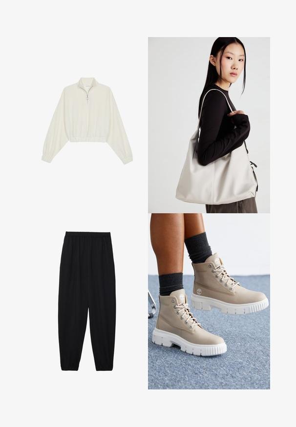 Skórzany pulower w kolorze kremowym, z wysokim kołnierzem, półzamkiem, elastycznym wykończeniem u dołu i mankietami, o gładkiej teksturze i minimalistycznym designie.; Czarne, lekkie spodnie z elastycznym pasem i ściągaczami na kostkach. Materiał jest gładki i ma luźny, zwężany krój.; Beżowe botki za kostkę wykonane z tekstyliów, z białą grubą podeszwą, okrągłym noskiem i metalowymi oczkami. Zaprojektowane z logo po boku.; Beżowa torebka wykonana z miękkiego materiału, charakteryzująca się luźnym fasonem, wyszywanymi detalami i dwoma uchwytami na ramię. Idealna na co dzień.