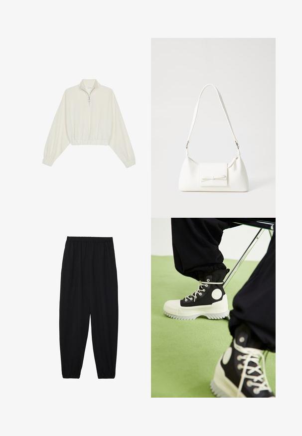 Gerippter Pullover aus cremefarbener Baumwolle mit hohem Kragen, halbem Reißverschluss, elastischen Säumen und Bündchen, glatter Textur und minimalistischem Design.; Schwarze, leichte Hosen mit einem elastischen Bund und gerafften Knöcheln. Der Stoff ist glatt und hat ein entspanntes, schmal zulaufendes Design.; Converse CHUCK TAYLOR ALL STAR LUGGED 2.0 PLATFORM COUNTER CLIMATE EXTRA HIGH - Schnürstiefelette - black/egret; Weiße synthetische Handtasche in dreieckiger Form, flache Vorderklappe und Schleifendetail, verstellbarer Trageriemen, glatte Textur und minimalistisches Design.