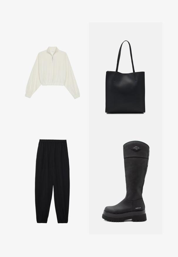 Kratka pulover v kremnem blagu, z visokim ovratnikom, pol-zadrgo, elastičnim robom in manšetami, z gladko teksturo in minimalističnim oblikovanjem.; Črne, lahke hlače z elastičnim pasom in nabranimi gležnji. Tkanina je gladka in ima sproščen, taperiran dizajn.; Črne usnjene škornje do kolen s debelim podplatom, logo "Replay" blizu pete in na sprednjem delu, ter znamkasta črta, ki teče po hrbtu.; Črna usnjena torba s svilnato teksturo, pravokotne oblike in dvema dolgima ročajema. Brez vidnih metalnih delov ali okrasnih elementov.