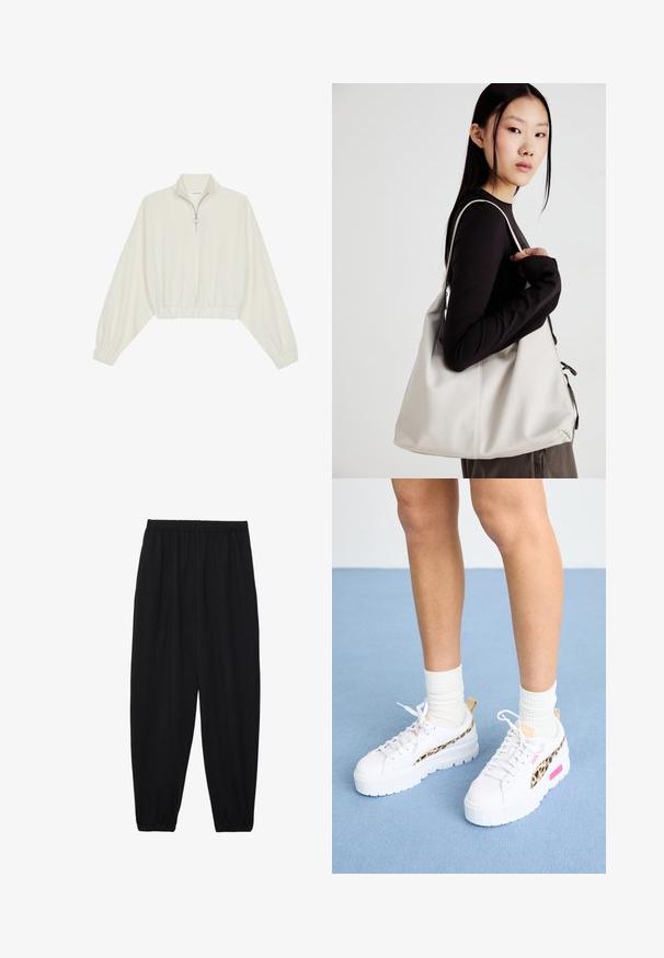 Kreminės spalvos trumpas megztinis, turintis aukštą apykaklę, pusiau užtrauktuką, elastinį apačią irRankovių kraštus, su lygiu paviršiumi ir minimalizuotu dizainu.; Juodi, lengvi kelnių su elastinga juosmens juosta ir surinktais kulkšniais. Audinys yra lygus ir turi atsipalaidavusį, siaurėjantį dizainą.; Puma MAYZE - Sportbačiai - white/granola; Bežinė rankinė, pagaminta iš minkštos medžiagos, turinti laisvą dizainą, siuvinėtas detalės ir dvi petnešos. Tinkama kasdieniam naudojimui.