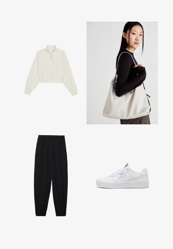 Avkortad tröja i krämfärgad tyg, med hög krage, halvdragkedja, elastisk nederkant och ärmar, med en slät yta och minimalistisk design.; Svarta, lätta byxor med elastisk midja och samlade ankleder. Tyget är slätt och har en avslappnad, avsmalnande design.; Vit sneakers i texturerad syntetläder med tjock plattformssula, snörningsdesign, perforerade detaljer och subtil guldbranding.; Beige handväska tillverkad av mjukt material, med en avslappnad design, sydda detaljer och två axelremmar. Lämplig för dagligt bruk.