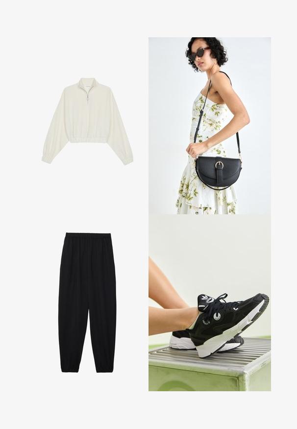 Avkortad tröja i krämfärgad tyg, med hög krage, halvdragkedja, elastisk nederkant och ärmar, med en slät yta och minimalistisk design.; Svarta, lätta byxor med elastisk midja och samlade ankleder. Tyget är slätt och har en avslappnad, avsmalnande design.; Svarta atletiska sneakers med ovandel av mesh och syntetmaterial, vit mellansula och runda snölhorningar. Har en märkeslogotyp på tungan och tjock gummisula.; Svart läderhandväska med en böjd form, avtagbar rem och guldiga detaljer. Väskan har ett lock med en spänndetalj.