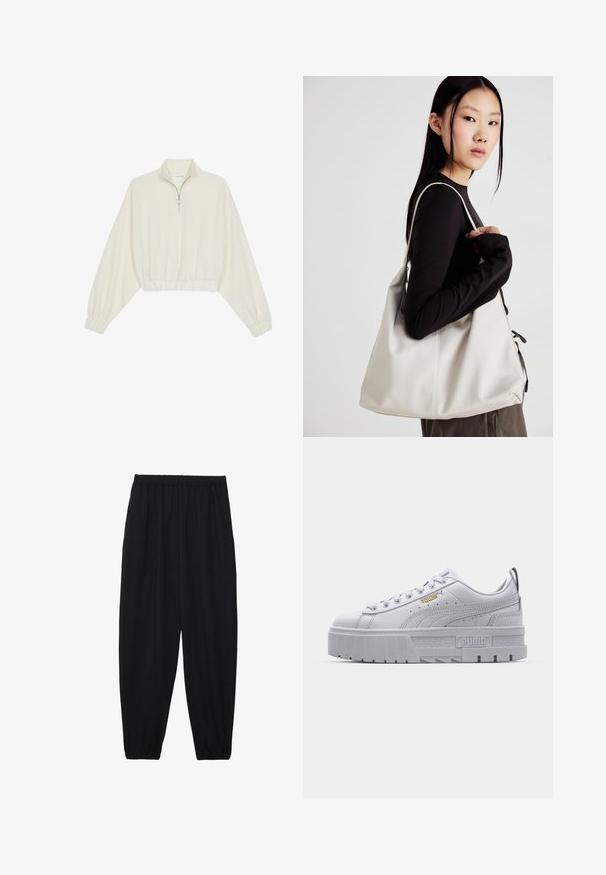 Kreemfarbenest lühikese varrukaga kudum, millel on kõrge kaelus, pool tõmblukk, elastne allosa ja varrukad, sile tekstuur ja minimaalne disain.; Mustad, kerge kangas püksid elastse vöökoha ja kokku volditud pahkluudega. Kanga pind on sile ja disain on lõdvestunud, kitsenev.; Valged platvormiks sneaksid, millel on sile nahk ülemine osa, pehmendatud krae, hall kummist tald ja kuldsed aktsendid, millel on Puma logo.; Bež käekott pehme materjali, millel on lõtv disain, õmblustega detailid ja kaks õlarihma. Sobib igapäevaseks kasutamiseks.